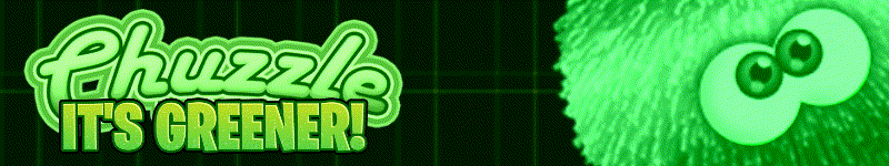 Fake advertisement. A static Chuzzle in front of an animated grid. The whole image is tinted green. Overlaid is the text 'Chuzzle IT'S GREENER!